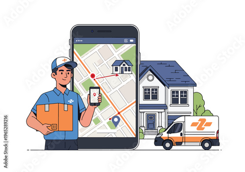 delivery driver holding package while checking mobile app outside suburban home, last mile logistics and e-commerce delivery service concept in clean modern vector style