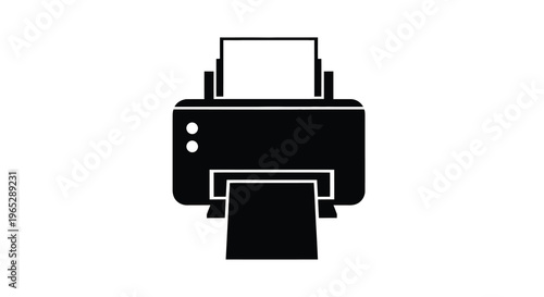 A stark black and white silhouette depicts a classic desktop printer showcasing its rectangular form and paper tray high quality professional