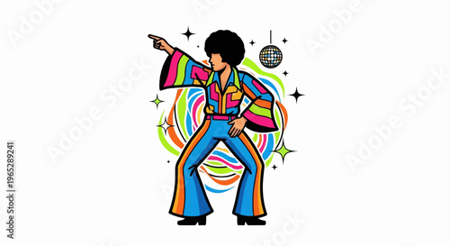 Groovy dancer in a colorful 1970s disco outfit and Afro