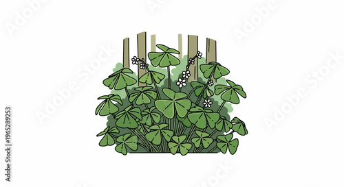 Lush green clover-like leaves and delicate white flowers bloom near wooden posts