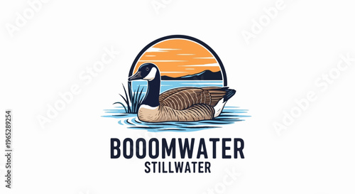 Goose swimming in water with sunset and mountains behind