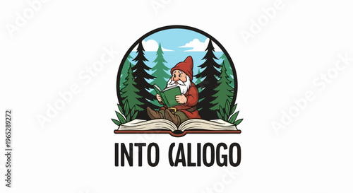 Gnome reading a book amidst trees, with a large open book below and text