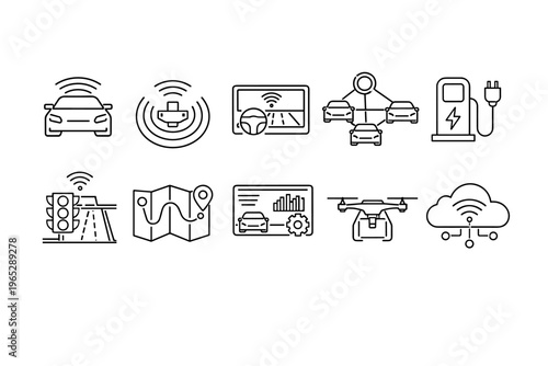 Set of thin line icons for connected mobility and intelligent transportation, including autonomous cars, navigation, charging, drones, and cloud networking