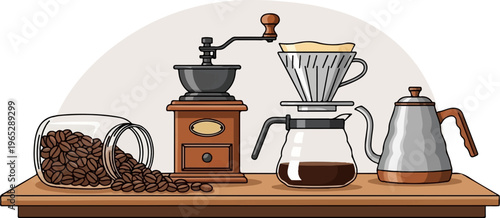 Illustration of coffee brewing equipment and beans on a wooden surface