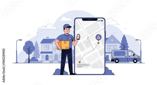 delivery driver holding package while checking mobile app outside suburban home, last mile logistics and e-commerce delivery service concept in clean modern vector style