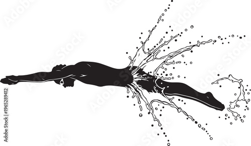 Diving Woman, Black Silhouette, Water Splash, Vector Illustration, Swimming, Fitness, Sports Icon