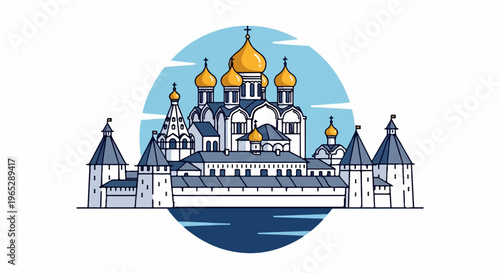 Stylized drawing of a grand cathedral with golden domes and surrounding fortifications