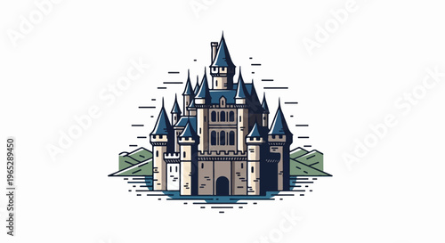 A fantastical, stylized castle with multiple towers and turrets against rolling hills