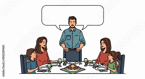 Family gathered around a dinner table, a father stands with a speech bubble