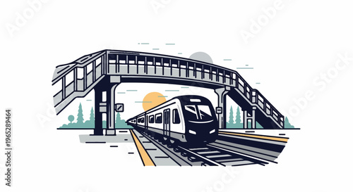 Modern train approaches station under a pedestrian overpass with stylized sun and trees