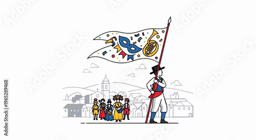 A festive parade with costumed figures, a drummer, and a flag