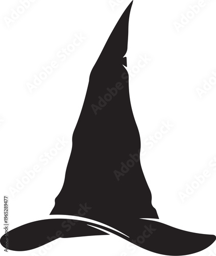 Black witch hat silhouette, Halloween costume accessory, magic wizard hat, vector icon