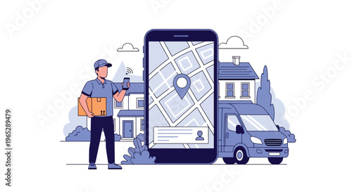 delivery driver holding package while checking mobile app outside suburban home, last mile logistics and e-commerce delivery service concept in clean modern vector style