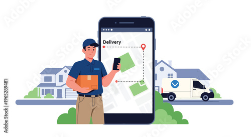 delivery driver holding package while checking mobile app outside suburban home, last mile logistics and e-commerce delivery service concept in clean modern vector style