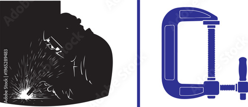 A dual-panel vector graphic showing a black silhouette of a welder working with bright sparks and a blue C-clamp tool. Perfect for metalworking, industrial, and fabrication themes.