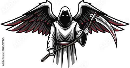 Ethereal winged figure in a white cloak holding a scythe