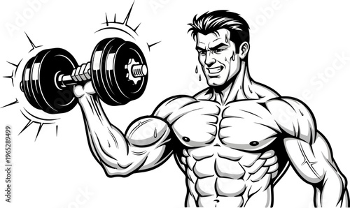 Muscular man lifting a heavy dumbbell with effort and sweat