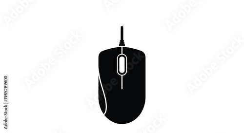 A minimalist black and white silhouette depicts a computer mouse with a visible cord and scroll wheel high quality professional detailed