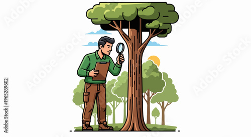 A man in green shirt and brown pants examines a tree with a magnifying glass