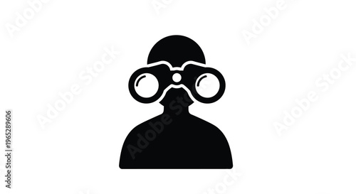 A minimalist black silhouette of a person looking through binoculars suggesting observation and scouting activity high quality professional detailed modern elegant