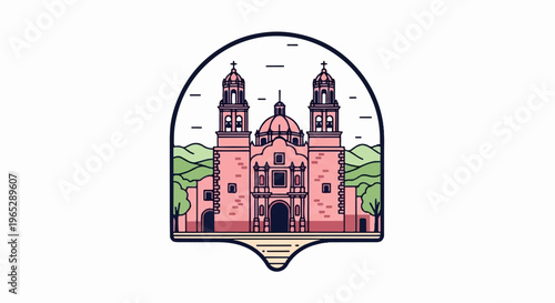 Stylized illustration of a pink church with twin towers and dome, framed