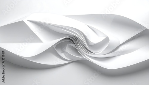A digitally rendered abstract design of cascading white paper forms creating a dynamic flowing composition with curved lines