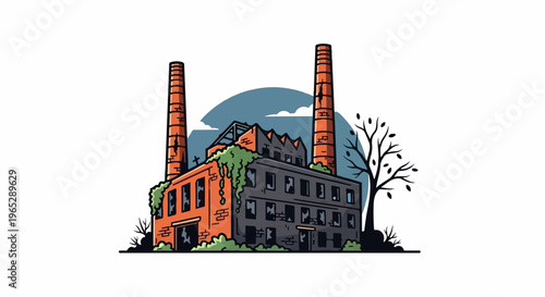 Dilapidated factory with crumbling brick, broken windows, and overgrown vines