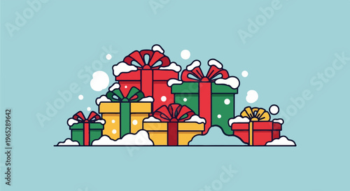 Pile of colorful, snow-dusted gift boxes with festive ribbons