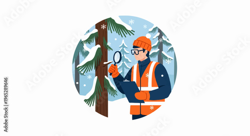 Person inspects tree in snowy forest
