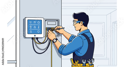 electrician installing smart home control panel on wall in modern house interior, home automation and electrical service concept with clean minimal vector style