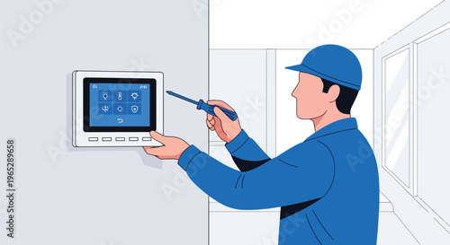 electrician installing smart home control panel on wall in modern house interior, home automation and electrical service concept with clean minimal vector style