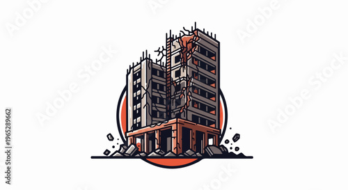 Damaged skyscraper with broken facade and debris