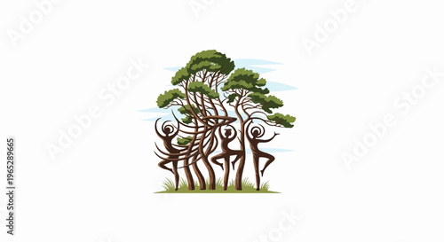 Dancing trees with stylized human forms integrated into their trunks and branches