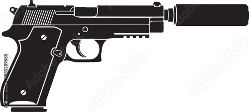Black pistol vector, handgun illustration, firearm icon, silencer attachment