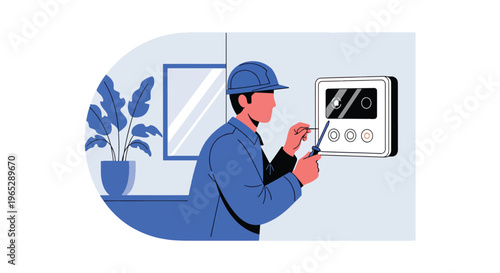 electrician installing smart home control panel on wall in modern house interior, home automation and electrical service concept with clean minimal vector style