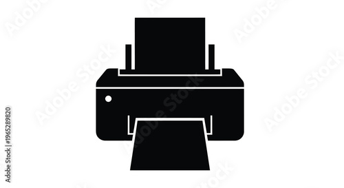 A minimalist black silhouette depicts a standard office printer with paper output tray visible high quality professional detailed modern elegant stylish
