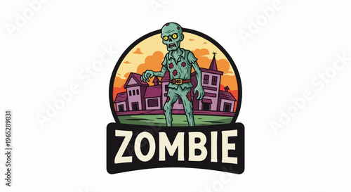 Spooky zombie walks in a deserted town at sunset
