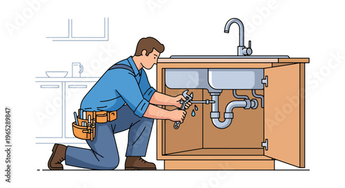 plumber fixing leaking pipe under kitchen sink in modern home interior, plumbing repair and maintenance service concept in clean minimal vector style