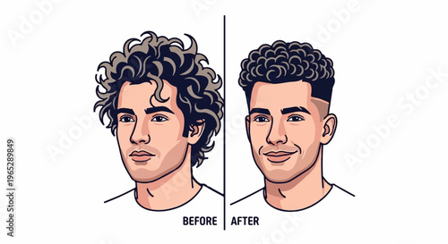 Split image comparing two cartoon male portraits, before and after haircut