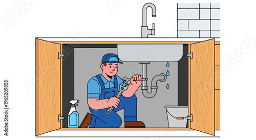 plumber fixing leaking pipe under kitchen sink in modern home interior, plumbing repair and maintenance service concept in clean minimal vector style