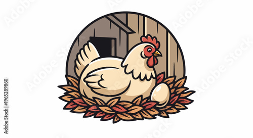 Cartoon hen sits on nest with eggs beside coop entrance