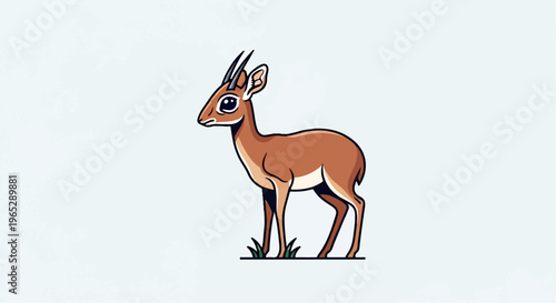 Cartoon antelope with large eyes stands on grass