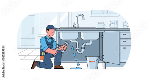 plumber fixing leaking pipe under kitchen sink in modern home interior, plumbing repair and maintenance service concept in clean minimal vector style