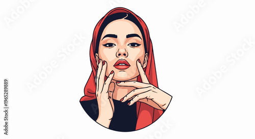 A stylized portrait of a woman with dramatic makeup and a red headscarf