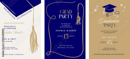 Class of 2026 elegant blue and gold graduation party celebration vertical invitations 