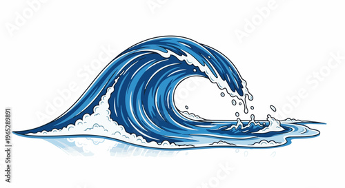 A stylized illustration of a powerful blue ocean wave breaking with white foam and spray