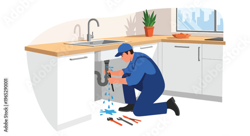 plumber fixing leaking pipe under kitchen sink in modern home interior, plumbing repair and maintenance service concept in clean minimal vector style