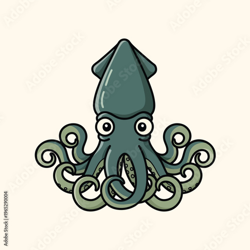 A cartoon-style illustration of a squid. It features a rounded head, large eyes, and multiple curled tentacles. The artwork is simplistic