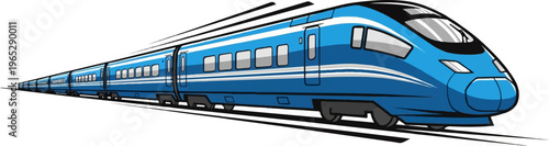 Blue bullet train speeding on tracks, motion lines indicating velocity