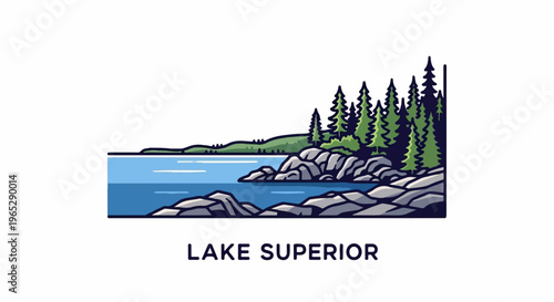 Stylized depiction of a serene lake shoreline with rocky outcrops and pine trees